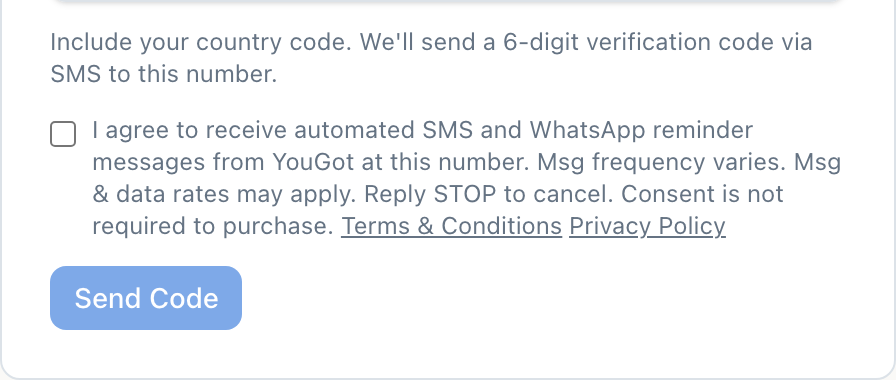 Zoomed view: consent checkbox unchecked, Send Code button disabled
